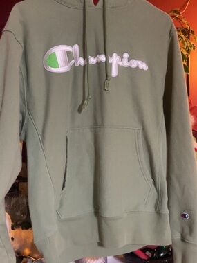 Champion Sage Green Reverse Weave Script Logo Pullover Hoodie Sweatshirt